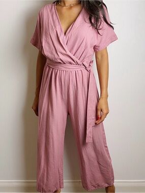 Ces Femme Dusty Rose Wrap Jumpsuit with Waist Tie